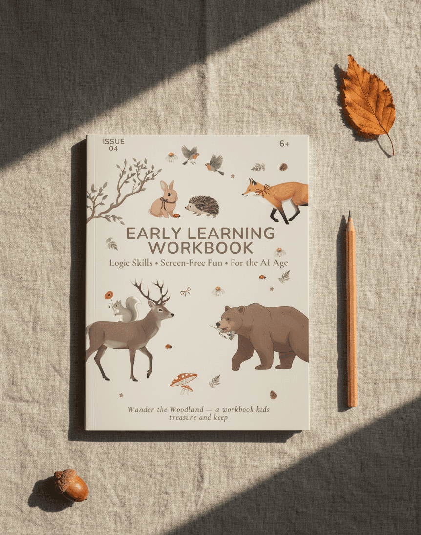A printable workbook titled "Printable Matching Worksheets, Match the Picture, Kindergarten" lies on a beige fabric surface, surrounded by a pencil, an acorn, and a dried leaf. The cover displays woodland animals and nature-themed illustrations.