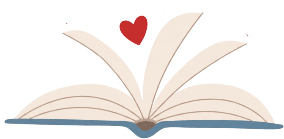 An open book with curved, upward-flipping pages and a red heart floating above the center, symbolizing a love for reading and books—perfect for promoting safe AI kids' literature.