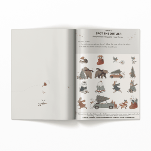 The open Workbook Christmas Logic Ages 5 & 6 shows twelve animals with Christmas trees on the right page, asking kids to spot the odd one out. The left page features a small illustration of flying animals.