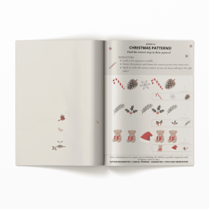 The Workbook Christmas Logic Ages 4 & 5 features an open activity page with Christmas-themed pattern matching, including candy canes, pinecones, holly, teddy bears, and more. The facing page is mostly blank with a few small illustrations.