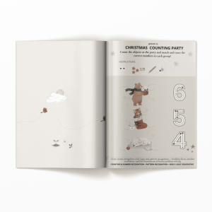 The Screen Free Christmas Workbook Logic Ages 3 and 4 features a colorful, open activity page with cartoon animals, a kite, and a festive counting game where kids ages 3-4 match numbers 6, 5, and 4 to groups of holiday objects.