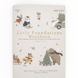 Tiny Thinks Christmas logic workbook for ages 3–4 featuring winter brain games, screen-free activities, early learning puzzles, and cute woodland illustrations.