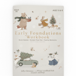 Tiny Thinks Christmas workbook for ages 5–6 including winter brain challenges, early STEM thinking, pattern games, and cozy festive illustrations.