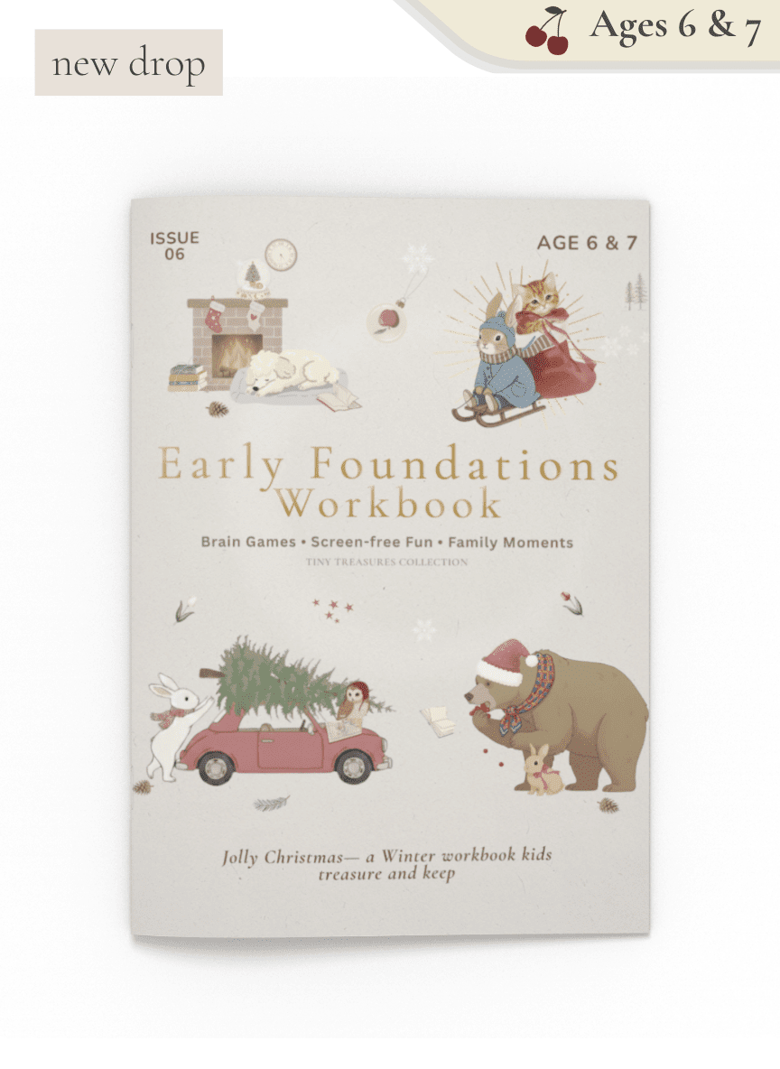 Tiny Thinks Christmas workbook for ages 6–7 featuring winter STEM puzzles, logical reasoning games, and charming seasonal illustrations.