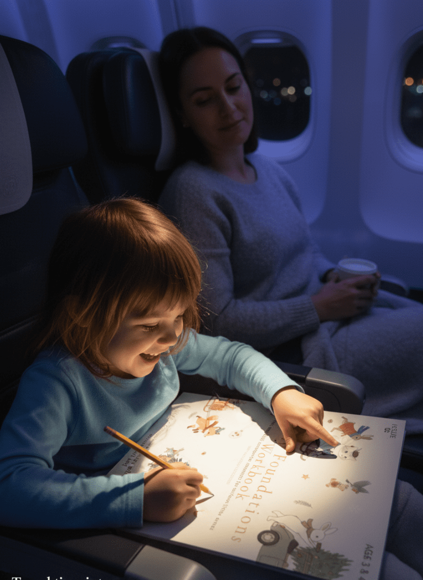 A young child using safe AI kids coloring tools excitedly colors in a picture book with a pencil on an airplane, while an adult sits beside them, relaxed and holding a cup. Nighttime city lights are visible through the window.
