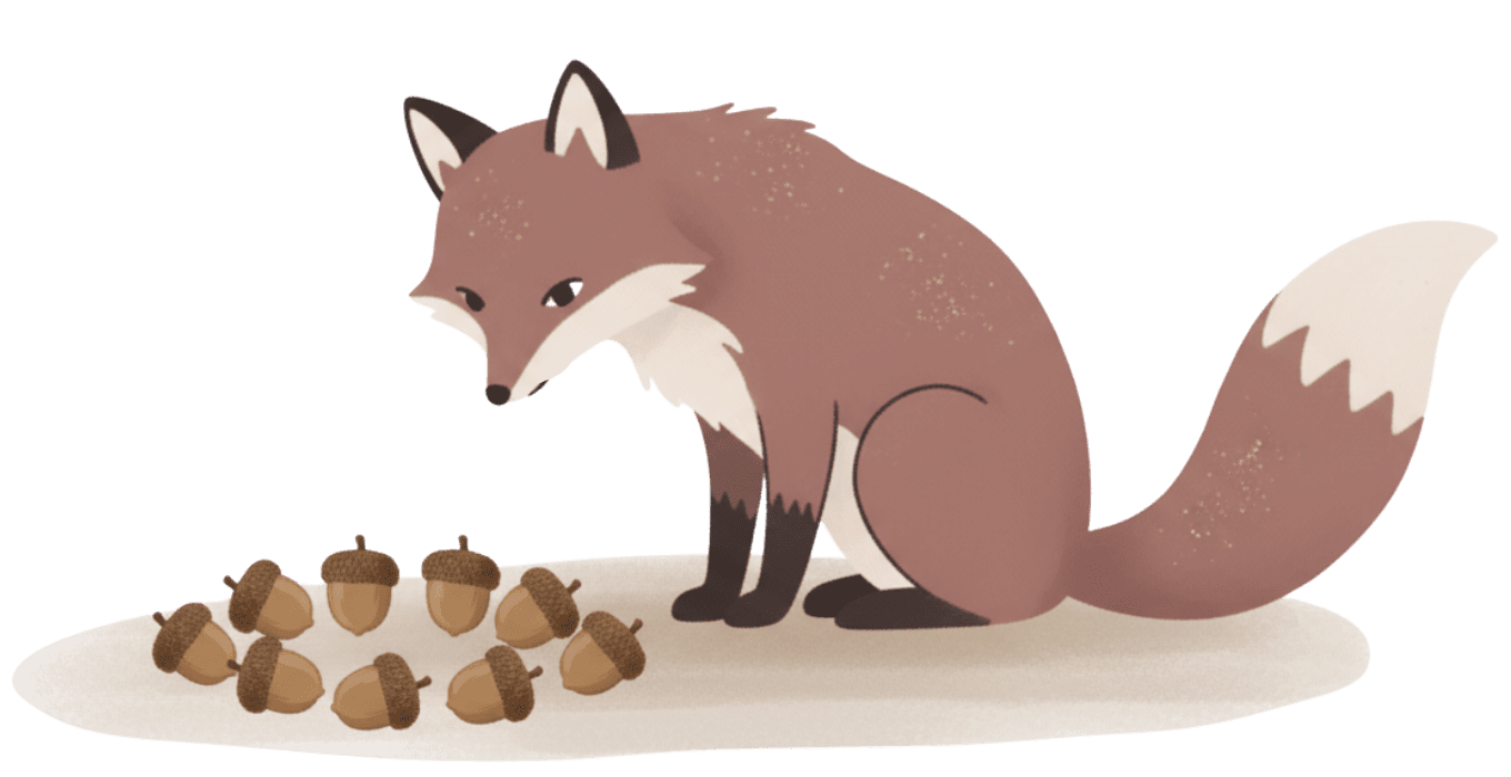 A cartoon fox with a bushy tail sits on the ground, looking curiously at a small pile of acorns in front of it.
