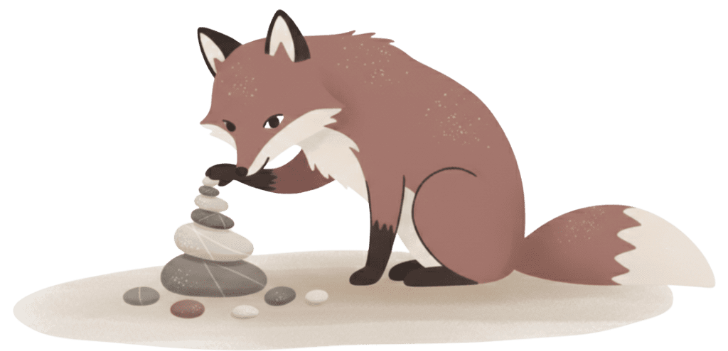 A cartoon fox sits and carefully balances a stack of smooth gray stones, using its paw to adjust the top one. The fox looks focused and curious.