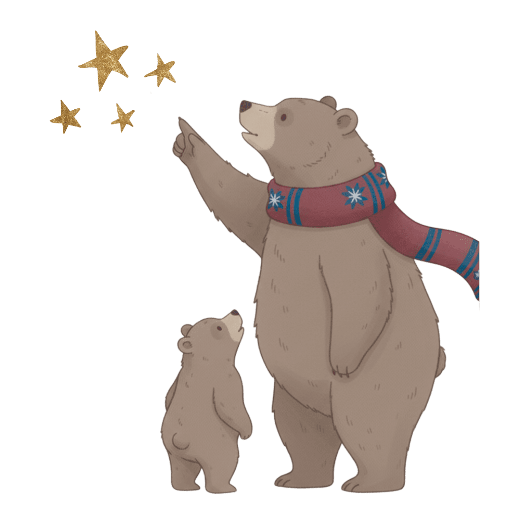 Illustration of a large bear wearing a striped scarf pointing at golden stars in the sky, with a smaller bear cub standing beside and looking up at the stars.