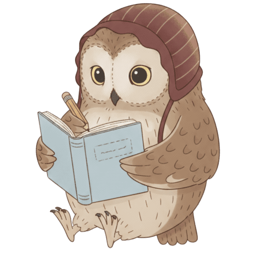 A cute cartoon owl wearing a red knit cap sits upright, holding a blue book and a pencil, appearing to read or take notes.