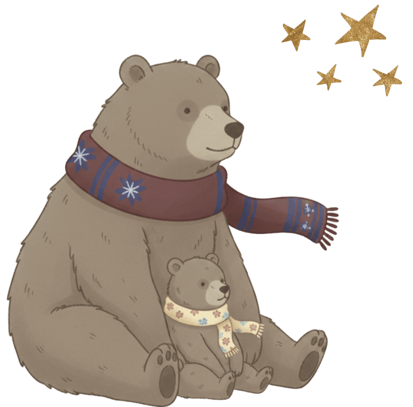 Illustration of a large brown bear in a maroon scarf with snowflakes, sitting beside a small bear cub in a cream scarf with flowers. Three gold stars shine above—perfect for promoting printable workbooks for kids and screen free activities for kids.