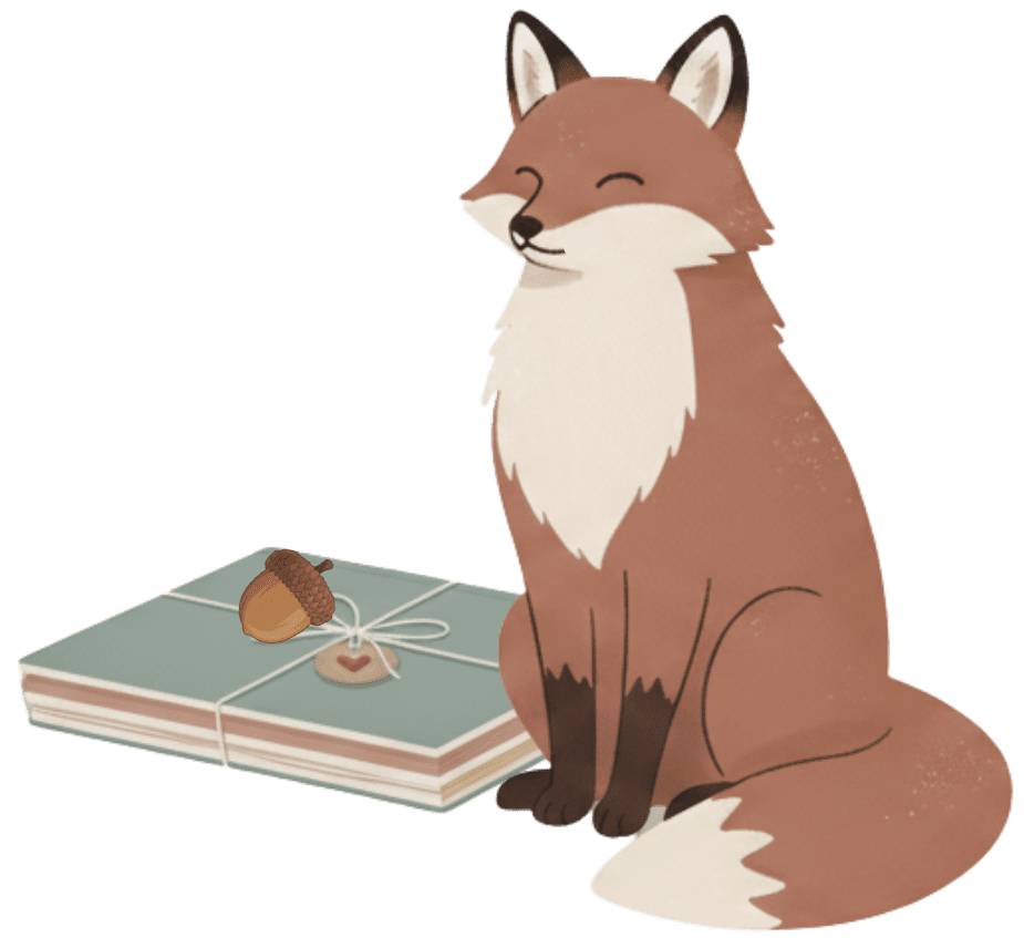 A smiling cartoon fox sits beside a stack of tied educational workbooks for kids, with an acorn and a heart-shaped tag on top.