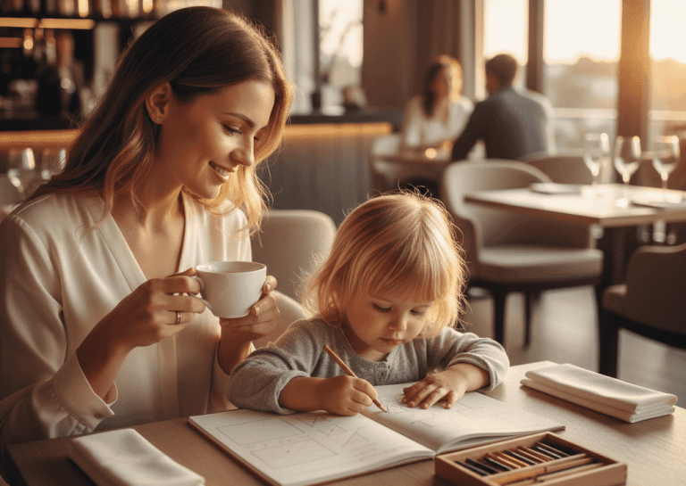 Child doing a quiet calm play activities for kids at a restaurant or during travel, calm play for ages 3–7.