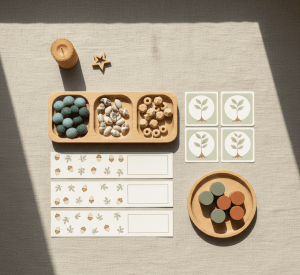 Montessori-inspired quiet activity materials arranged in a calm flat-lay — trays, sorting objects, pattern cards, and gentle screen-free tasks for kids ages 3–7.