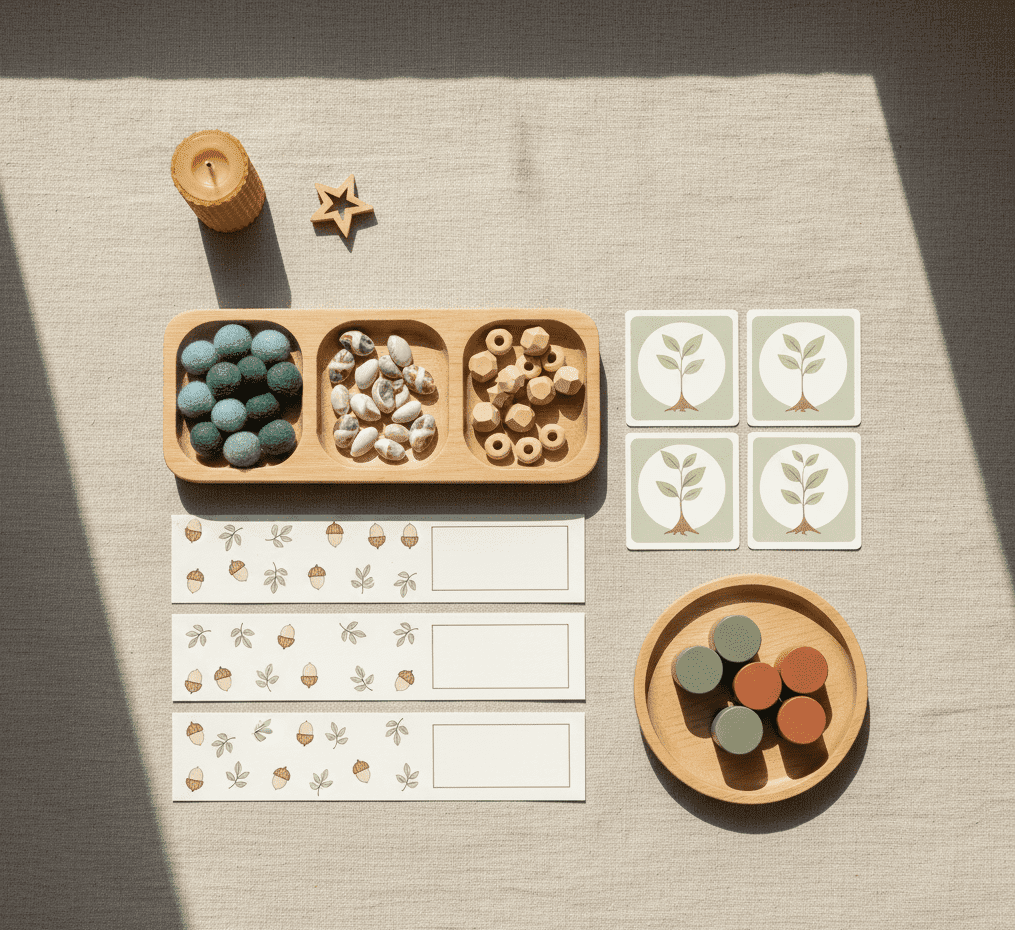 Montessori-inspired quiet activity materials arranged in a calm flat-lay — trays, sorting objects, pattern cards, and gentle screen-free tasks for kids ages 3–7.