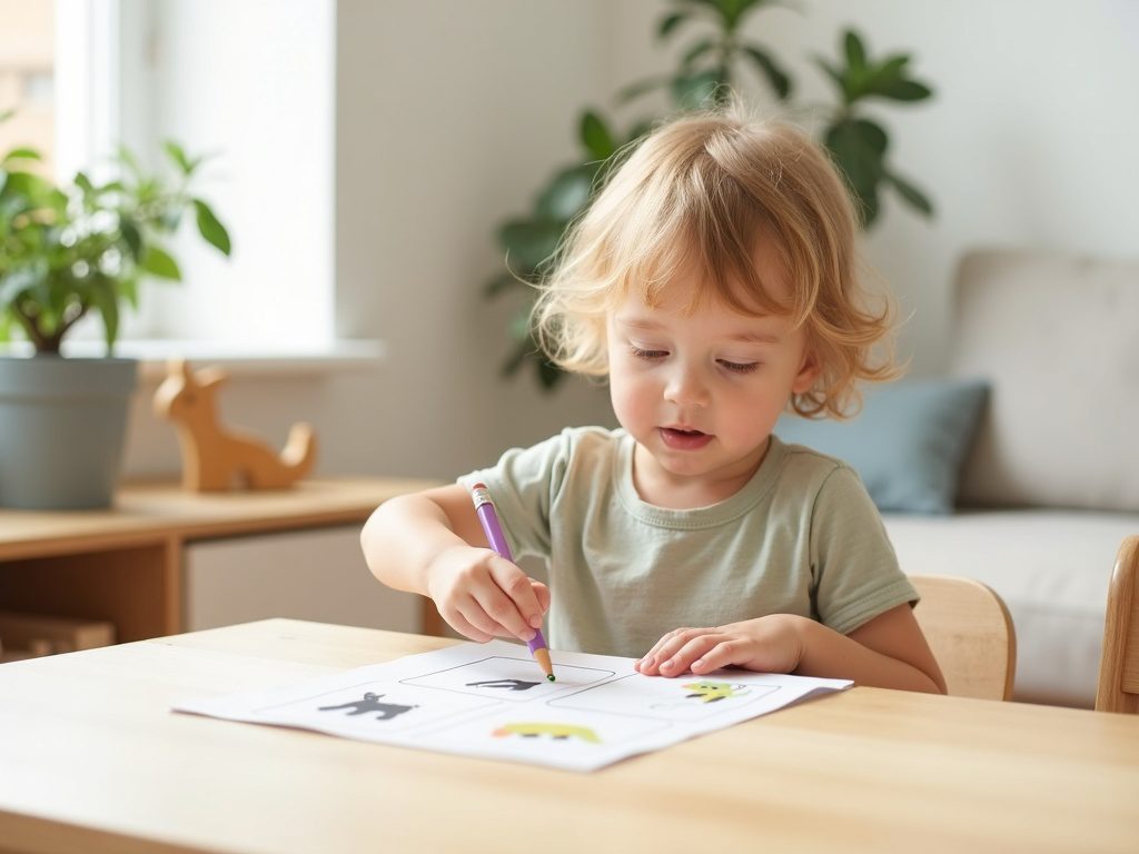 Preschool child sitting at a low wooden table, a tablet pushed aside, calmly working on a printed picture-matching worksheet with a colored pencil in a bright, tidy living room.