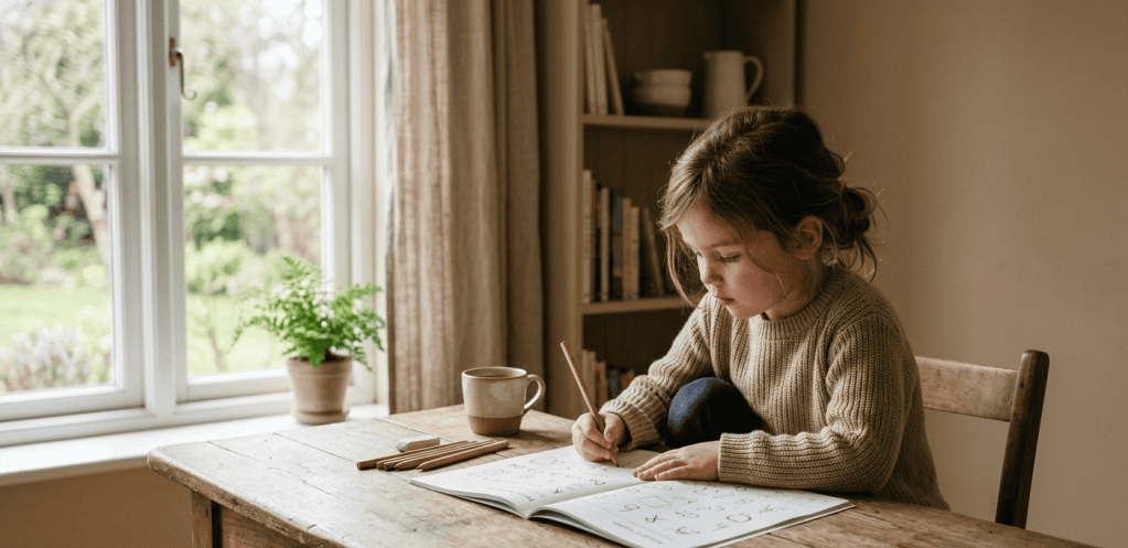 How to Improve Focus in Kids (Ages 3–7): Why Attention Breaks and What Actually Works 41 child focused on workbook without screens building attention naturally
