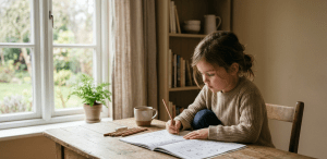 child focused on workbook without screens building attention naturally