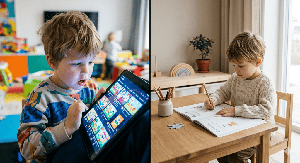 Screen Time Effects on Kids (Ages 3–7): Behavior, Brain & What Parents Can Do 42 screen time effects on kids showing child using tablet vs calm screen free activity