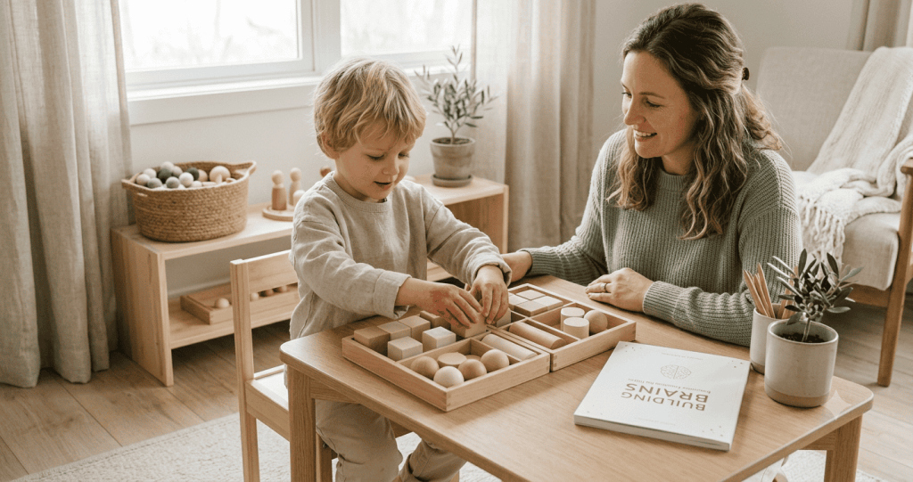 Executive Function in Children: 10 Powerful Ways to Build It Before Age 7 11 A candid photograph in a premium Scandinavian editorial style shows a mother and her young son sitting at a minimalist wooden table. The boy is focused on sorting natural wood block shapes into trays, and the mother smiles gently. Soft natural daylight from a large window illuminates the calm, organized space with neutral textures of wood, cotton, and woven baskets. A high-quality workbook with subtle star-shine details is present, communicating calm, confident screen-free learning for children before age 7. No screens or clutter.