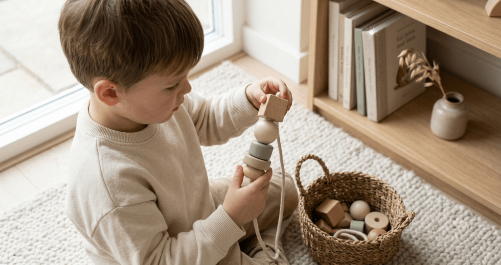 The Pre-Seven Learning Method: A Powerful Parent's Guide 2 A candid top-down photograph of a young boy focusing intently on threading geometric wooden beads onto a cord in a minimalist, Scandinavian-style home. He sits on an oatmeal wool rug near a light oak shelf. Soft, natural daylight illuminates the scene, which features a palette of beige, cream, and sage. A seagrass basket with materials is nearby. The entire image is screen-free and authentic.