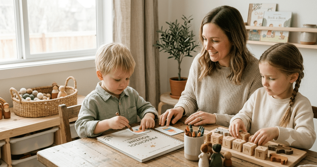Homeschool Routine Preschool: The Best Daily Routine for Ages 3–7 1 A mother smiling while guiding her young son and daughter through a screen-free preschool homeschool routine at a wooden table. The children use wooden alphabet blocks and a premium preschool workbook with subtle star-shine details. The room features a calm Scandinavian design with warm beige, cream, and soft sage tones under gentle natural window light.