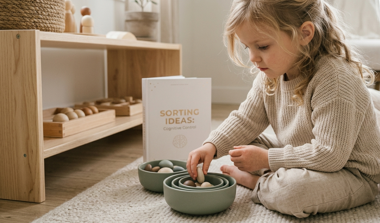 Executive Function in Children: 10 Powerful Ways to Build It Before Age 7 2 A candid, close-up photograph of a young girl with blonde hair, distinct from the child in image_26.png, seated in a minimalist Scandinavian home corner. She is focused on a screen-free cognitive sorting task, carefully placing natural wooden shapes and ceramic tokens by size and color into a set of three nested, sage-green ceramic bowls on a light oak shelf. Soft natural light illuminates the scene, and her parent's hands are gently resting out of focus nearby. A workbook is open in the background with subtle gold sparkle highlights, titled 'SORTING IDEAS: Cognitive Control', emphasizing focus and planning.