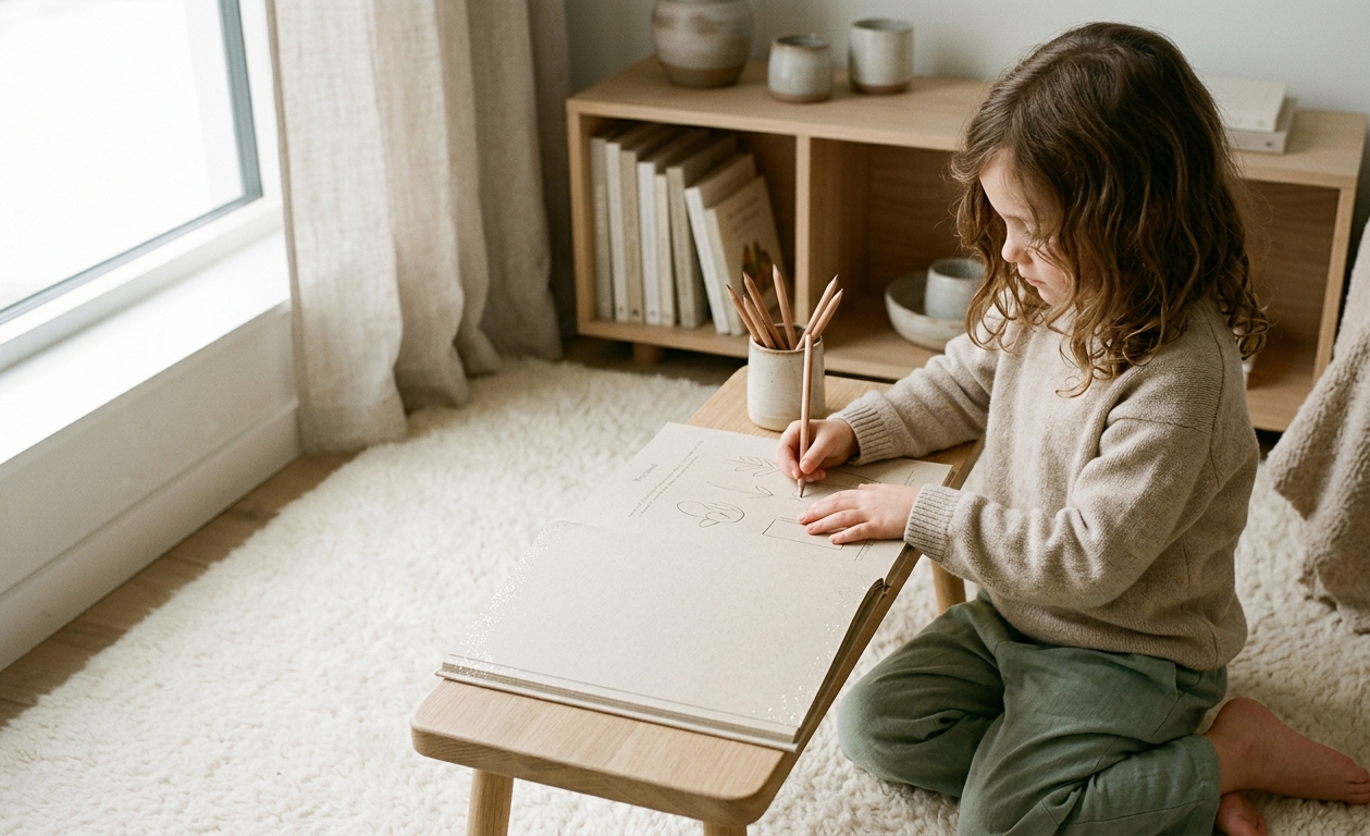 Homeschool Routine Preschool: The Best Daily Routine for Ages 3–7 2 homeschool routine preschool candid photograph focusing tightly on the hands of a young girl with brown hair, aged approximately six. She is using wooden pencils on an open page of a minimalist, natural beige paper workbook, which features subtle, high-quality sparkle highlights on the cover. The image captures the textures of the paper and the quiet concentration of the child. The background is a gently blurred, neutral-toned Scandinavian-style home environment. Natural soft light illuminates the scene.